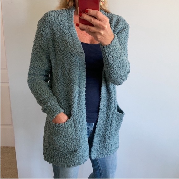 Blue/Green Color Popcorn Texture Open Cardigan - Picture 3 of 9